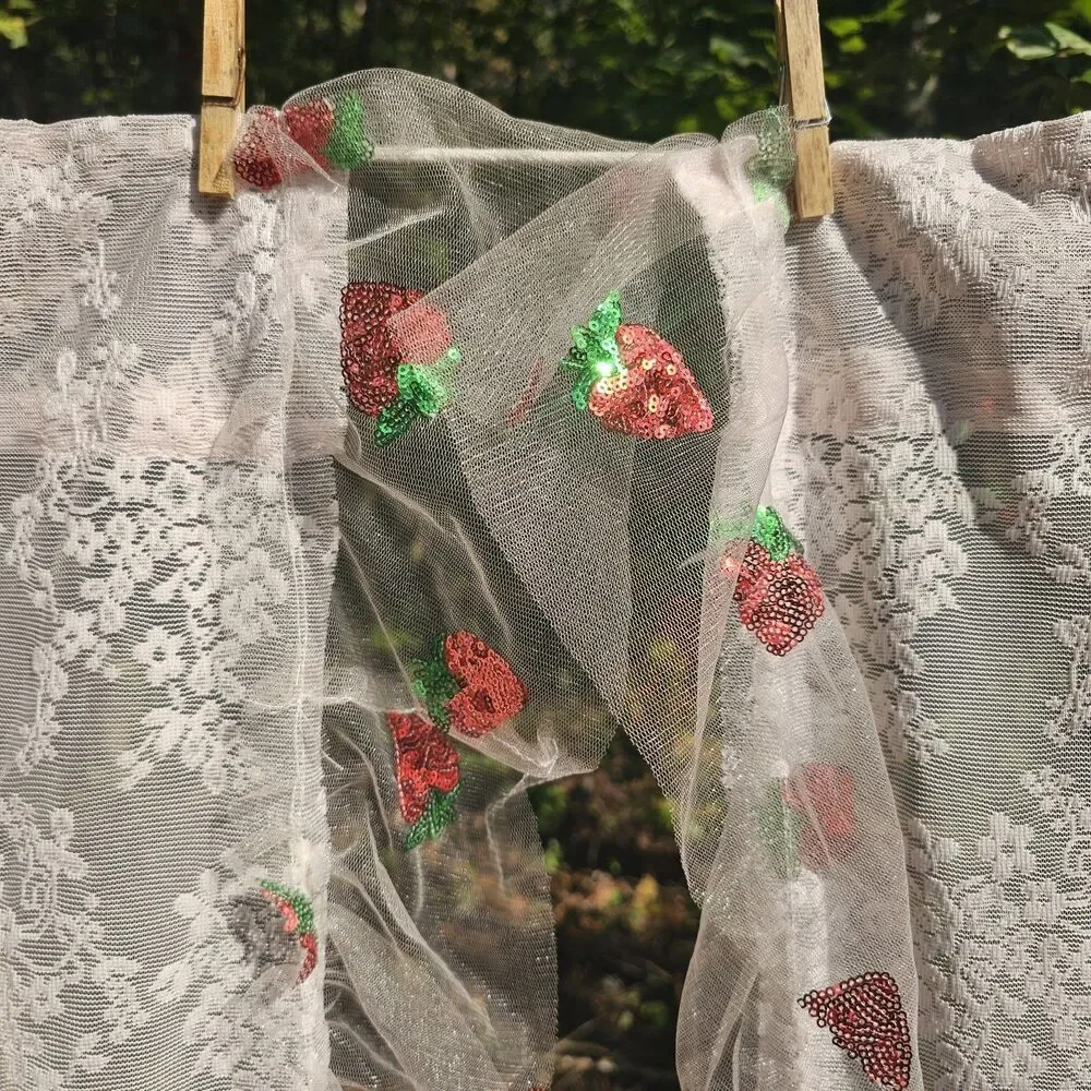 Sweet Strawberry Sequin Lace Curtains Cottagecore Floral Ruffled Tulle 58